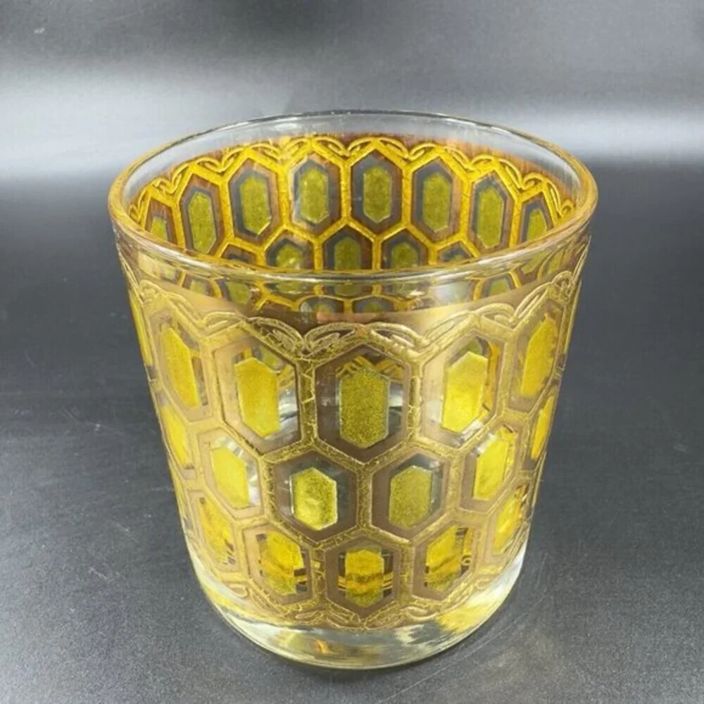 West Virginia Glass Madrid Gold Embossed Hexagon Old Fashioned Glasses Cup Set 2